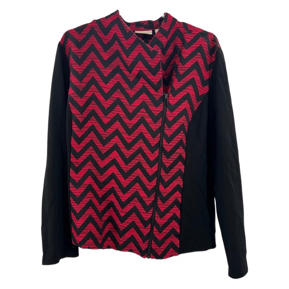 Chico’s chevron mixed print jacket top zip front red black business casual XL 16 - Picture 1 of 8